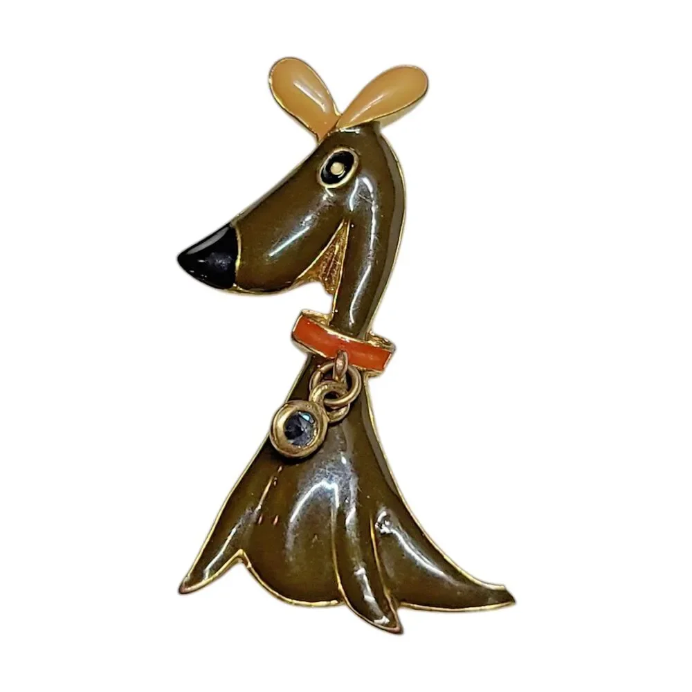 Vintage Dog Puppy Brooch Pin Brown Enamel Gold Tone Rhinestones Collar Charm